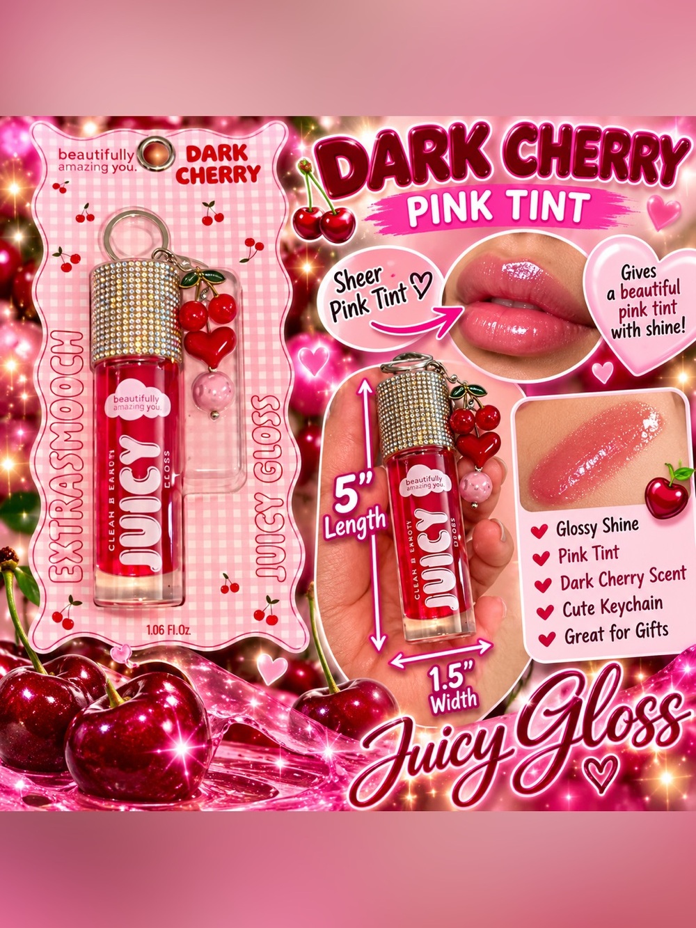 Juicy Gloss Dark Cherry Pink Tint Lip Gloss with Keychain #BP06